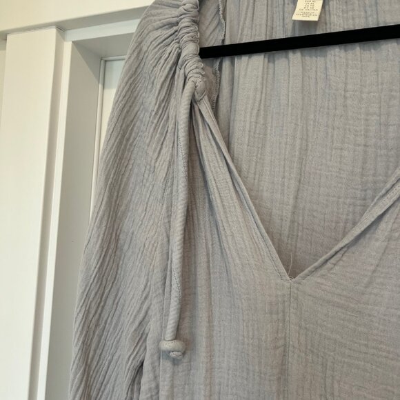 H&M Women Size XL Blue Gauze Oversized Solid V Neck Balloon Sleeve 100% Cotton B - Picture 7 of 9